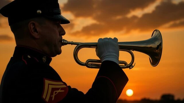 Military Bugler in Dress Uniform Plays Silver Bugle at Sunset During Honor Tribute Ceremony