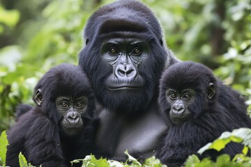 Obraz premium Heartwarming Family Portrait of Silverback Gorillas with Baby in the Heart of Rwanda's Majestic Mountains