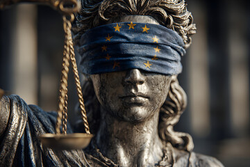 Blindfolded goddess of justice with european union flag symbolizing the influence of geopolitics on justice in judicial matters