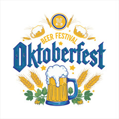 Oktoberfest Beer Festival Typography with Beer Mugs and Wheat,Traditional Oktoberfest Banner with Beer and Barley Design,Oktoberfest Poster with Beer Glasses and Hops Decoration