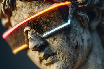 Antique statue wearing contemporary glowing sunglasses