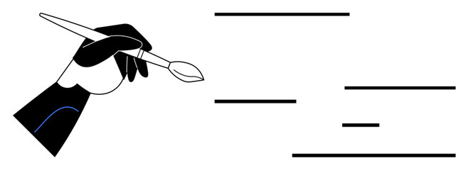 Hand gripping a paintbrush crafting abstract black and white lines. Ideal for creativity, art, design, expression, inspiration, minimalism, simple landing page