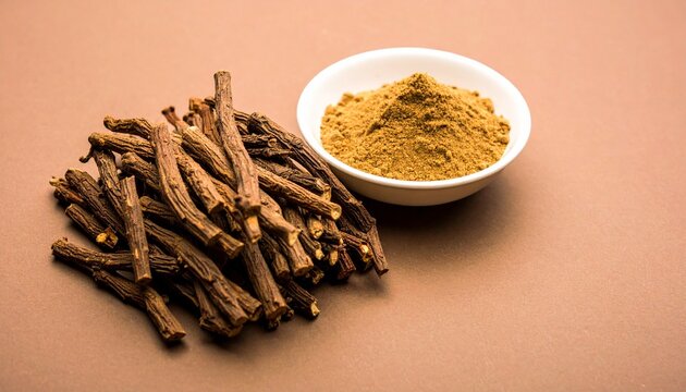 Dried Mulethi (Licorice) Roots with Herbal Powder &ndash; 3D Ayurvedic Flatlay on Cream Background for Wellness and Immunity Branding