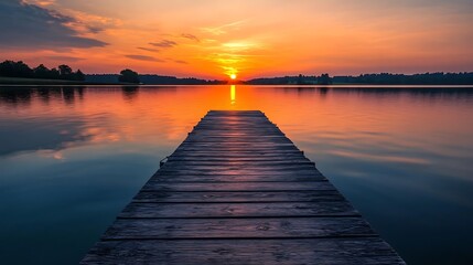 Fototapeta premium Wooden pier extending into a calm lake, vibrant sunset reflecting on the water, serene and tranquil