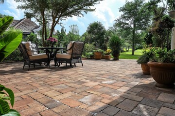 Obraz premium Luxury Outdoor Patio with Elegant Brussel Block Design Brick Pavers for a Stylish Backyard Terrace