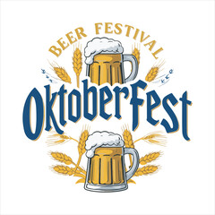 Oktoberfest Beer Festival Typography with Beer Mugs and Wheat,Traditional Oktoberfest Banner with Beer and Barley Design,Oktoberfest Poster with Beer Glasses and Hops Decoration