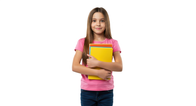 Little girl holding books – cheerful child student in casual clothes standing with stack of books, isolated on transparent PNG background – education, back to school, learning concept image