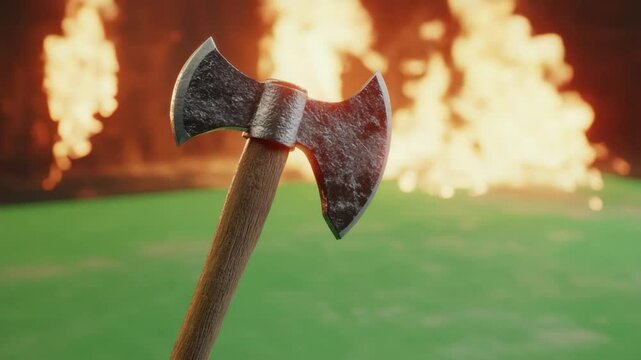 Double-bit axe with wooden handle against blurred fire and green background.