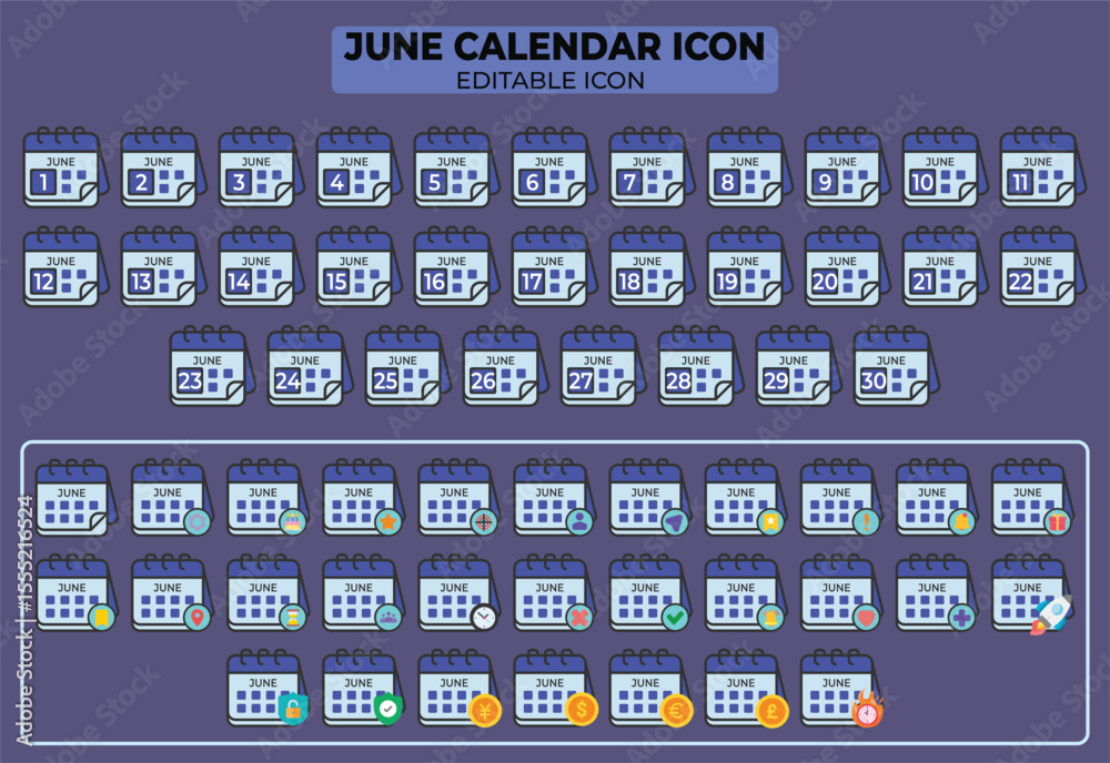 Poster june calendar icons set for planning and scheduling with customizable elements and date reminders, e