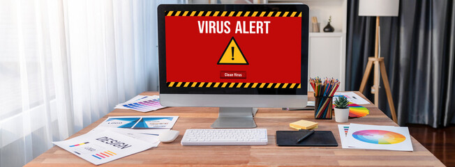Virus warning alert on computer screen detected brisk cyber threat , hacker, computer virus and...