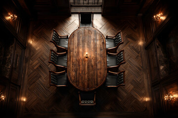 Large wooden table and six chairs in a dark conference room, seen from above