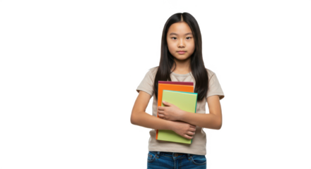 Little girl holding books – cheerful child student in casual clothes standing with stack of books, isolated on transparent PNG background – education, back to school, learning concept image