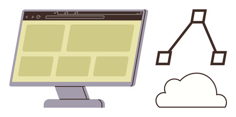 Computer monitor with website interface alongside a cloud and network diagram. Ideal for technology, web development, data storage, cloud computing, digital connectivity, IT infrastructure