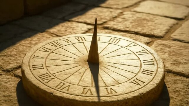 Ancient Stone Sundial with Roman Numerals Casting Long Shadow on Weathered Surface at Sunset