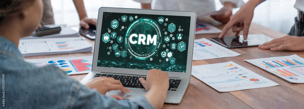 Poster customer relationship management system on brisk computer for crm business and enterprise