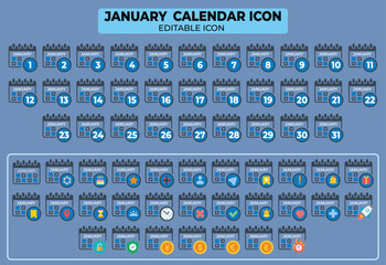January Calendar Icon Set with Editable Icons for Various Dates and Special Events