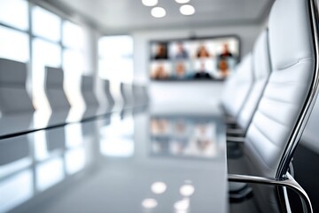 Fototapeta premium Conference Room Setup with Video Conference Display for Virtual Meeting