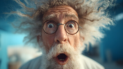 Surprised elderly man with wild gray hair and round glasses expressing shock or amazement