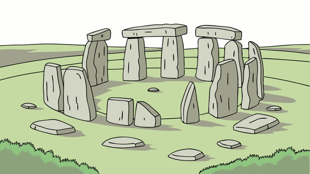 Cartoon illustration of Stonehenge on a green field.