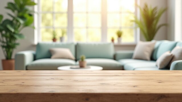 Empty wooden table with blurred living room background. Bokeh effect, sofa, natural light, perfect for product mockup, cozy modern interior, no people.