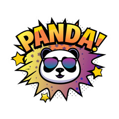 Panda wearing sunglasses in comic book style with burst background, isolated vector image on transparent background  