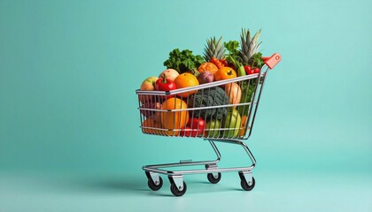 A sleek shopping cart with fruits and vegetables