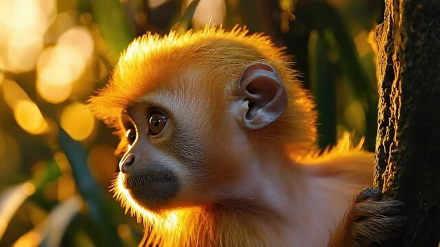 golden langur close-up at manas sunset video