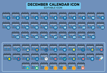 December Calendar Icon Set with Dates and Symbols for Planning and Scheduling