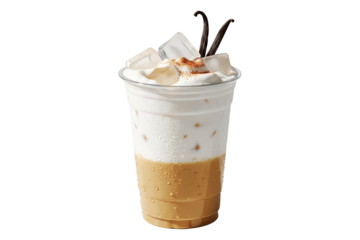 iced vanilla latte with cream and vanilla beans in a takeaway cup
