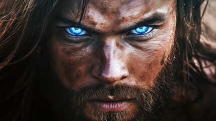 Hyper-realistic close-up portrait of Jesus Christ with piercing blue eyes, capturing divine intensity and sacred presence.