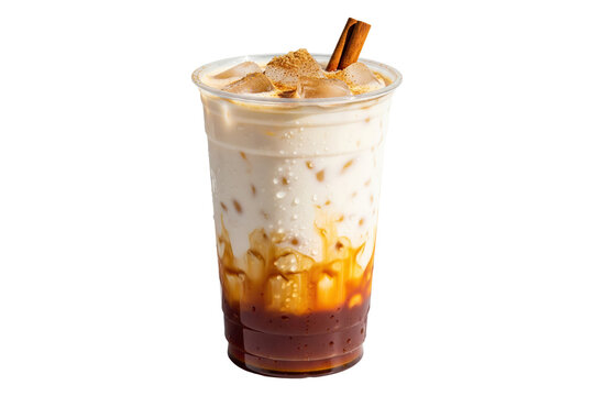 iced cinnamon latte with spice topping and cinnamon stick in a takeaway cup
