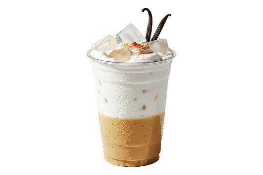 iced vanilla latte with cream and vanilla beans in a takeaway cup