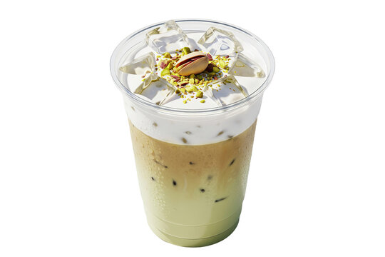 iced pistachio latte with cold foam and nut topping in a takeaway cup