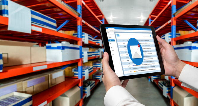 Email notification message showing on computer screen snugly. Digital marketing message information text from business to customer client