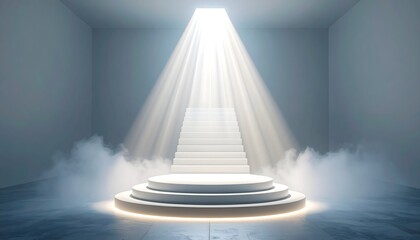 Obraz premium Floating Stairs with Light Shafts Surreal Space for product placement and advertisement