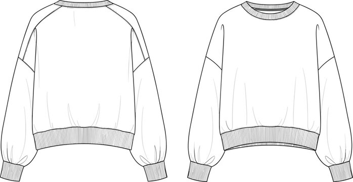 Balloon sleeve sweatshirt fashion flat sketch, ribbed hem and cuff topwear template, relaxed pullover front and back view, cad drawing flat vector illustration