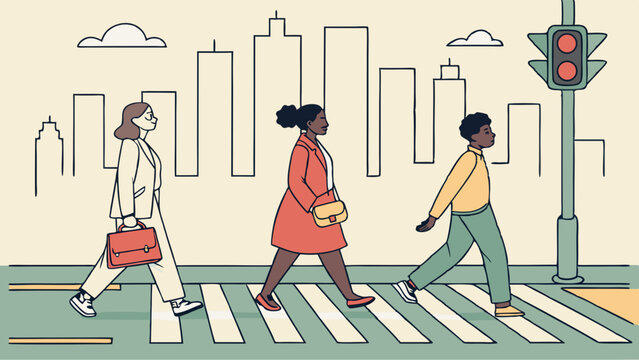 Diverse Professionals Crossing Street at Pedestrian Crosswalk.