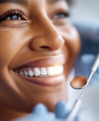 Close up of African woman's smile during dental exam with tools