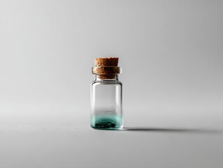 Small Glass Bottle with Cork Stopper and Blue Liquid against a Gray Background