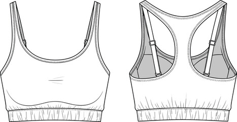 Sports bra front and back view, fashion technical flat sketch, adjustable straps detail, activewear apparel template, cad drawing flat vector illustration