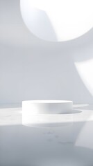 Clean Minimalist White Cylindrical Product Display Platform on Marble Surface with Soft Light and Shadows.