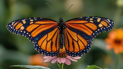 Fototapeta premium A Vibrant Monarch Butterfly Perched a Blooming Flower With Detailed Wings and Soft Bokeh Background