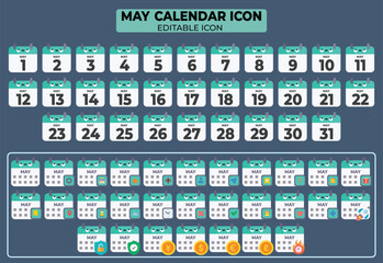 May calendar icon set with editable and customizable elements for designs, templates and planners, all in vector format