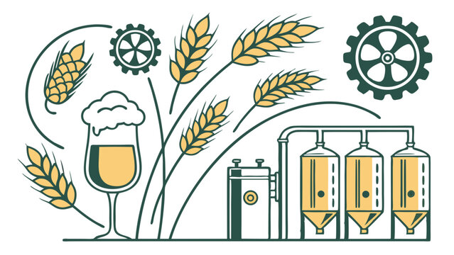 Beer Brewing Process Illustration with Wheat Glass and Tanks.