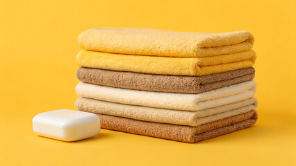 Stack of soft spa towels in earth tones with a bar of white soap on a warm yellow backdrop