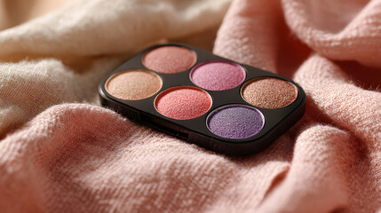 Opened Eyeshadow Palette on Soft Fabric with Pink and Beige Hues