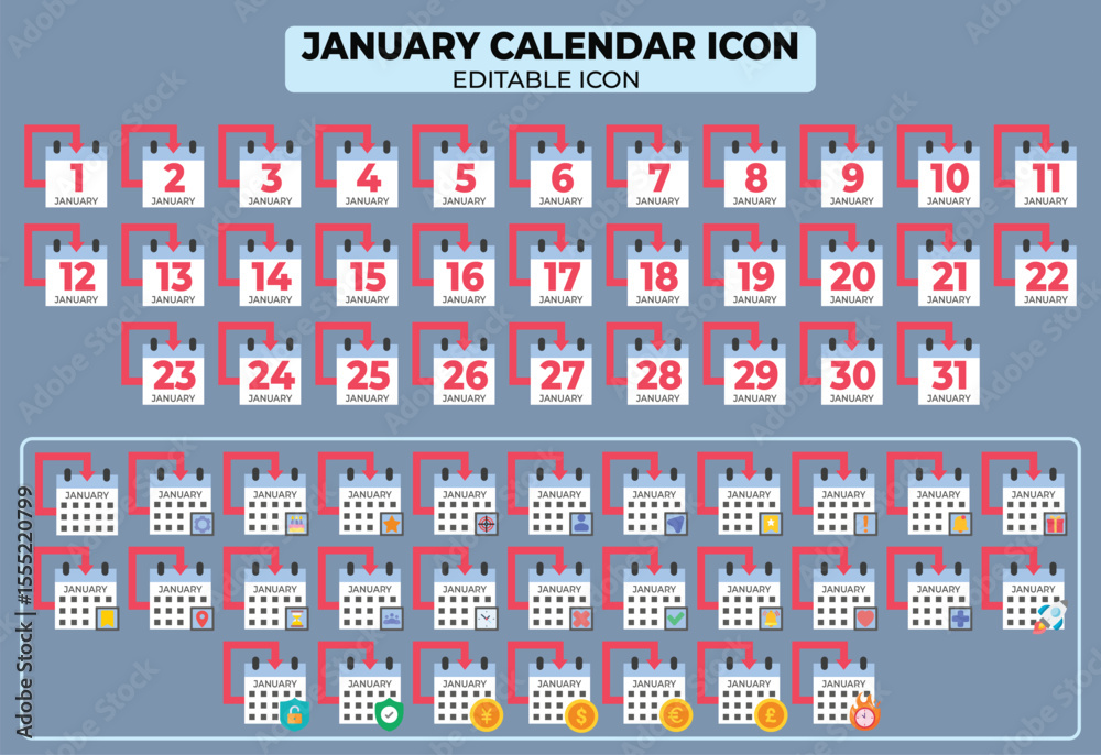 Poster january calendar icon set with editable features for custom scheduling and planning