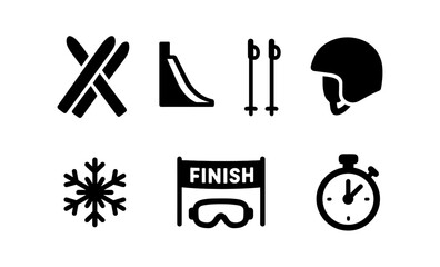 Winter sports icons collection: skiing equipment, snowflake, finish line, and stopwatch symbols