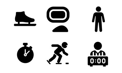 Ice hockey icon set featuring skates, rink, stopwatch, and player silhouettes
