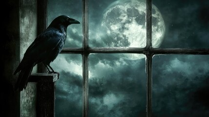 Raven perched at window at night
